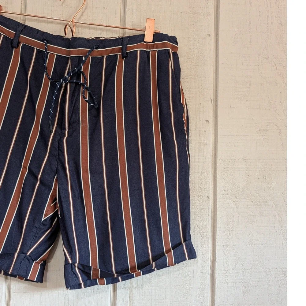 Scotch & Soda Mens Striped Drawstring Shorts Navy Brown 34 Cuffed Old Money‎